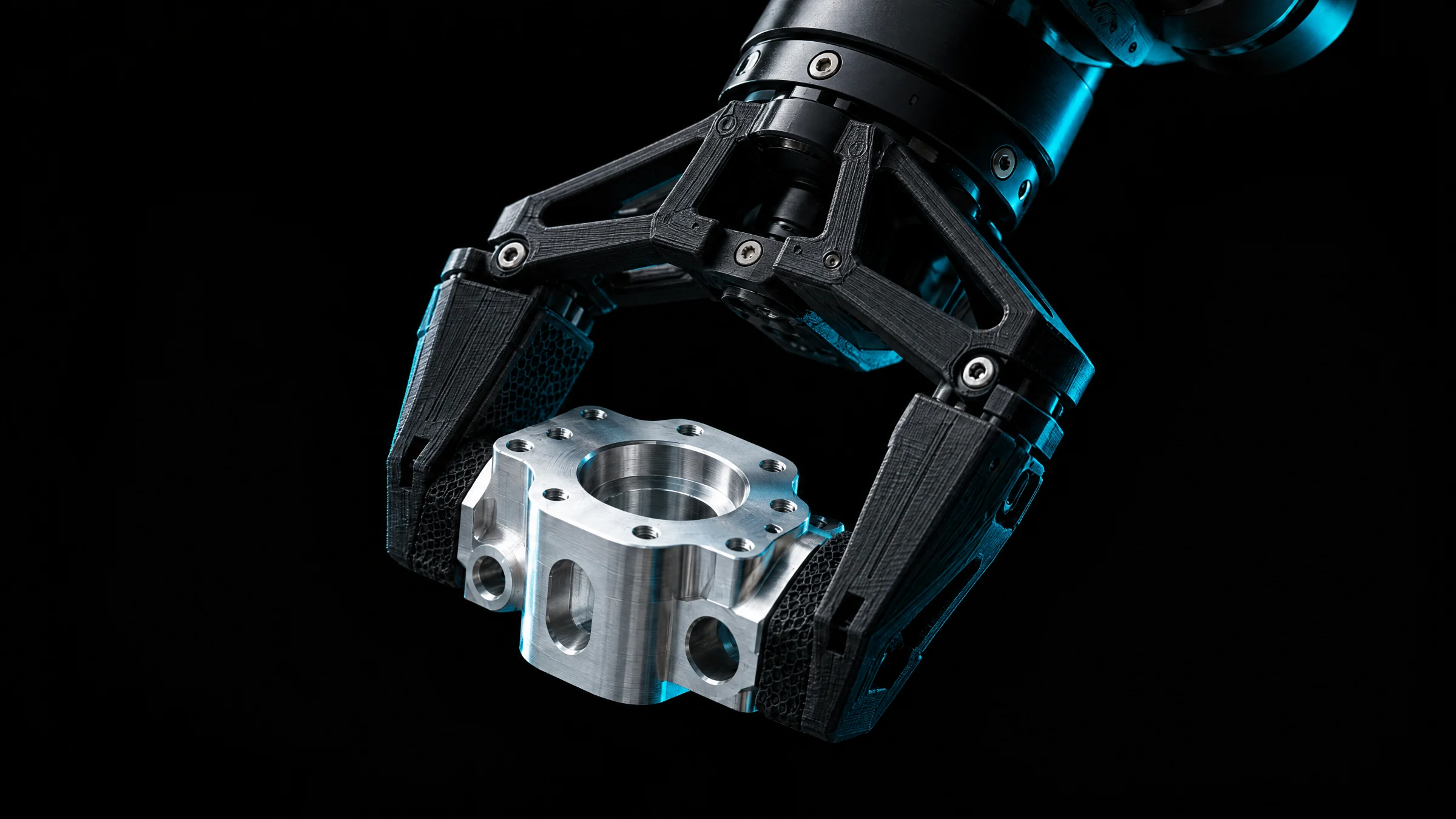 Robotic gripper with 3D printed fingers holding an aluminium component