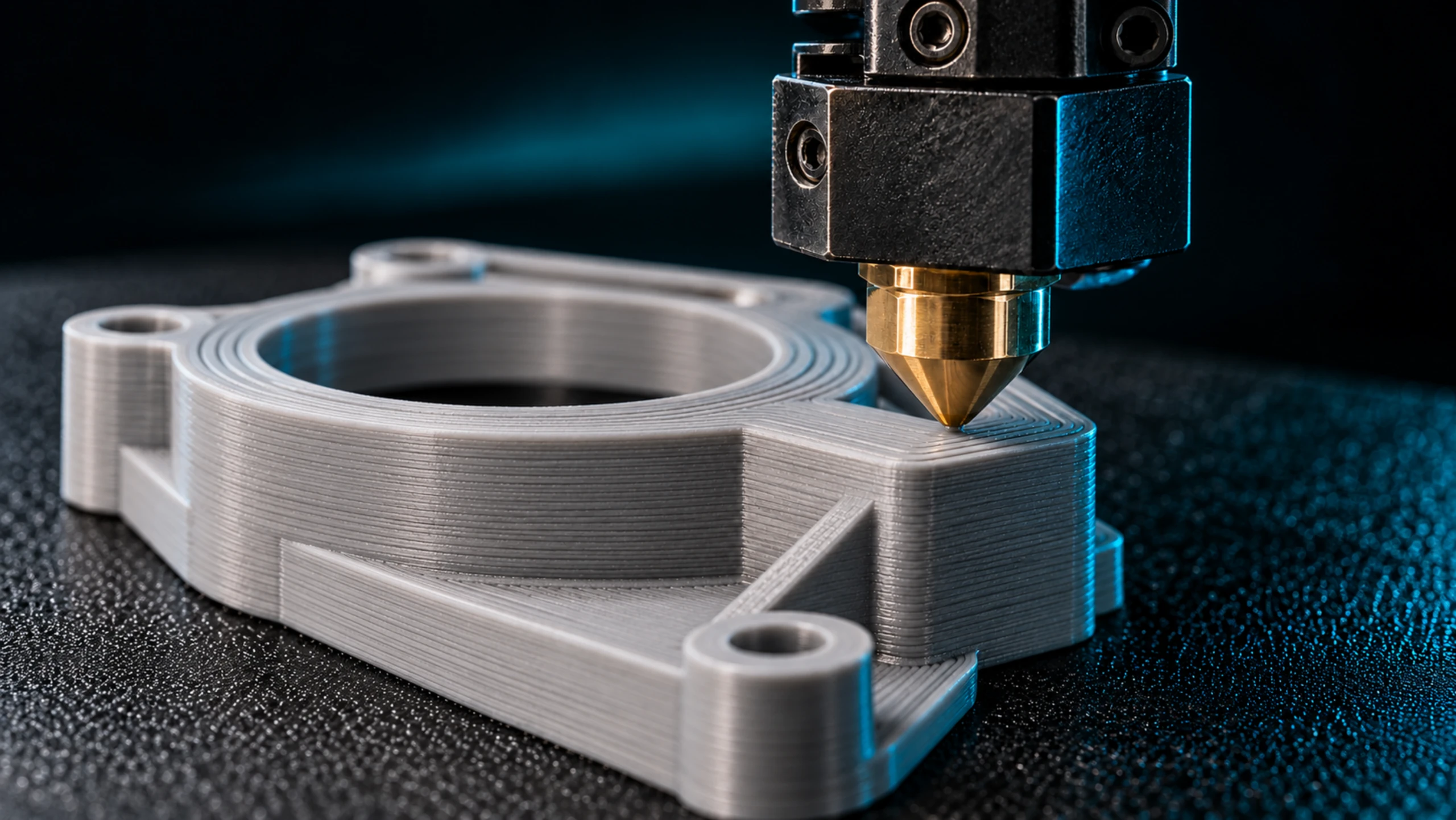Ugello in ottone che deposita PLA grigio, stampa 3D FDM