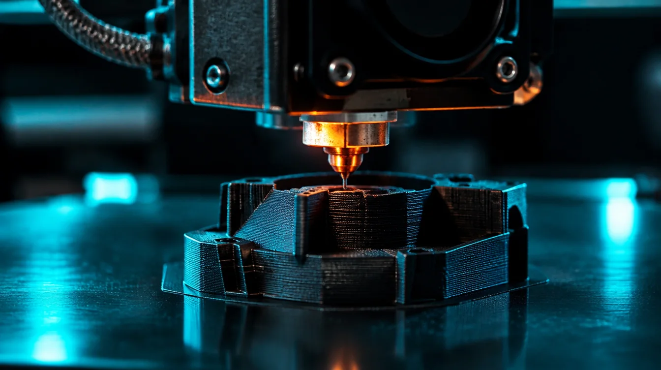 A 3D printer nozzle building a black technical part