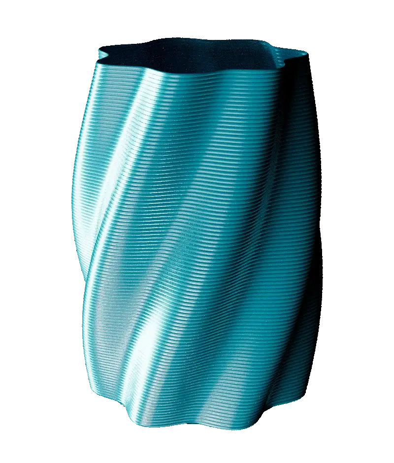 Seven-lobed vase in cyan PETG with visible print layers