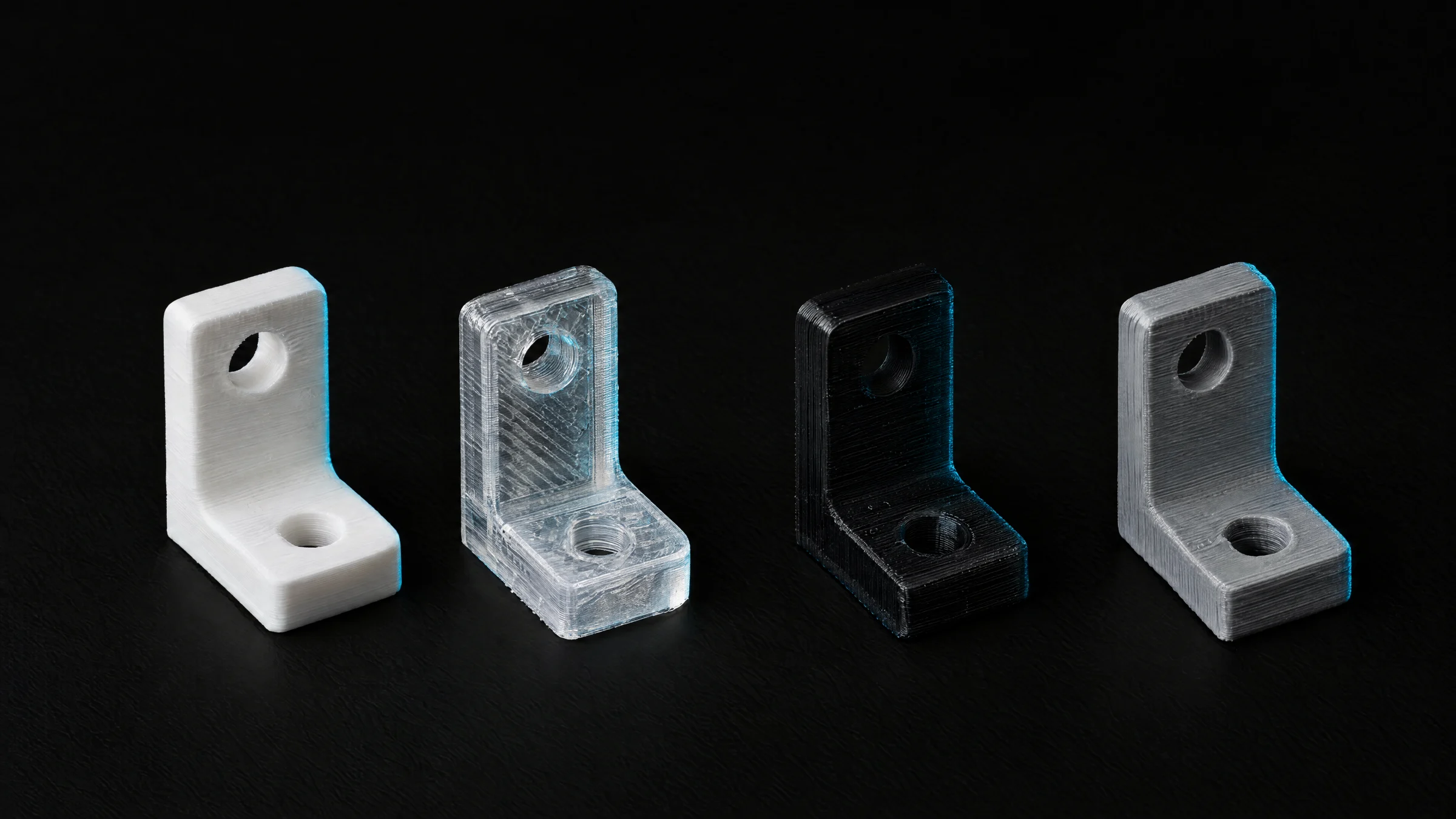 Quattro staffe stampate in 3D in PLA bianco, PETG traslucido, ABS nero e ASA grigio